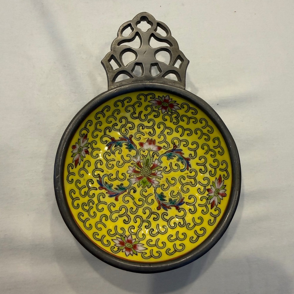 Vintage Chinese Jingdezhen Porcelain Pewter Encased Bowl Yellow Floral 6.25"
